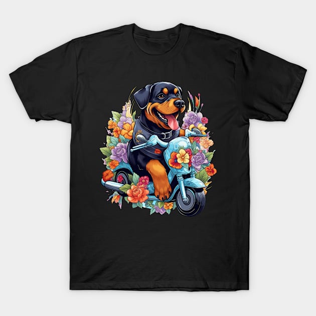 A cute t-shirt design featuring a Rottweiler Dog on a scooter T-Shirt by teestore_24